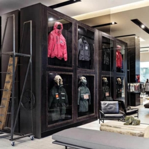 Canada Goose Display Case on Mobile Shelving Unit