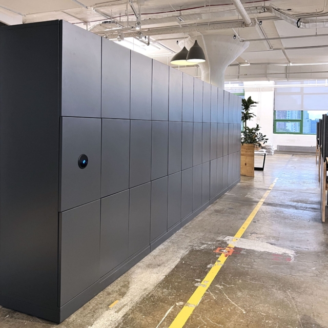 Blue metal workplace smart lockers
