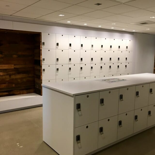 Open Office Concept with Island Design and Day-Use Lockers