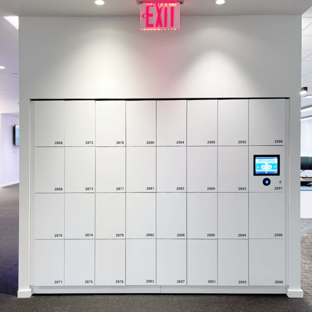 White laminate wall partition workplace smart lockers