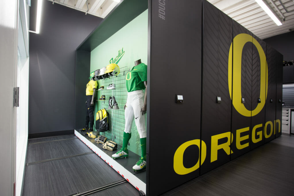 Athletic Storage Facility turns Mobile Shelving into Retail Display and Athletic Equipment Storage