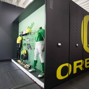 Athletic Storage Facility turns Mobile Shelving into Retail Display and Athletic Equipment Storage