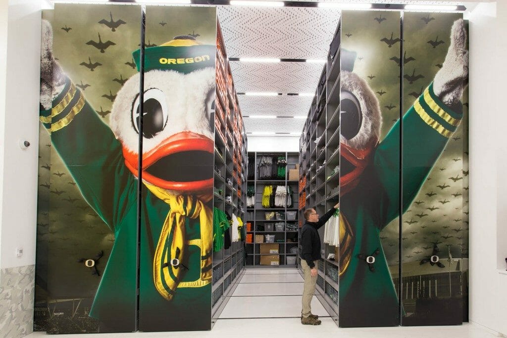 Athletic Equipment Storage Facility Mobile Shelving System at University of Oregon