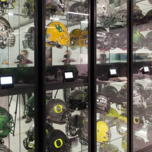 Helmet Display on Mobile Shelving at the University of Oregon