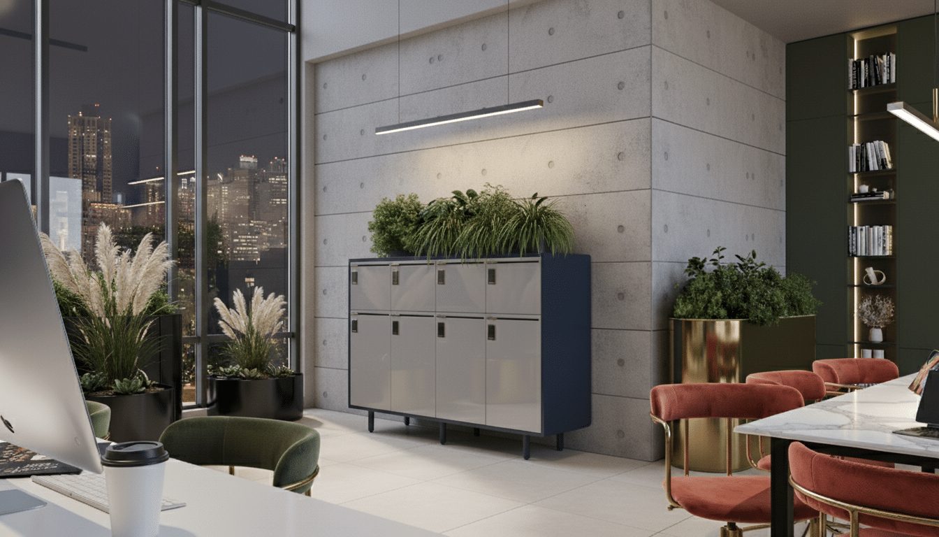 Arraya navy locker island with plant shelf against night city skyline view
