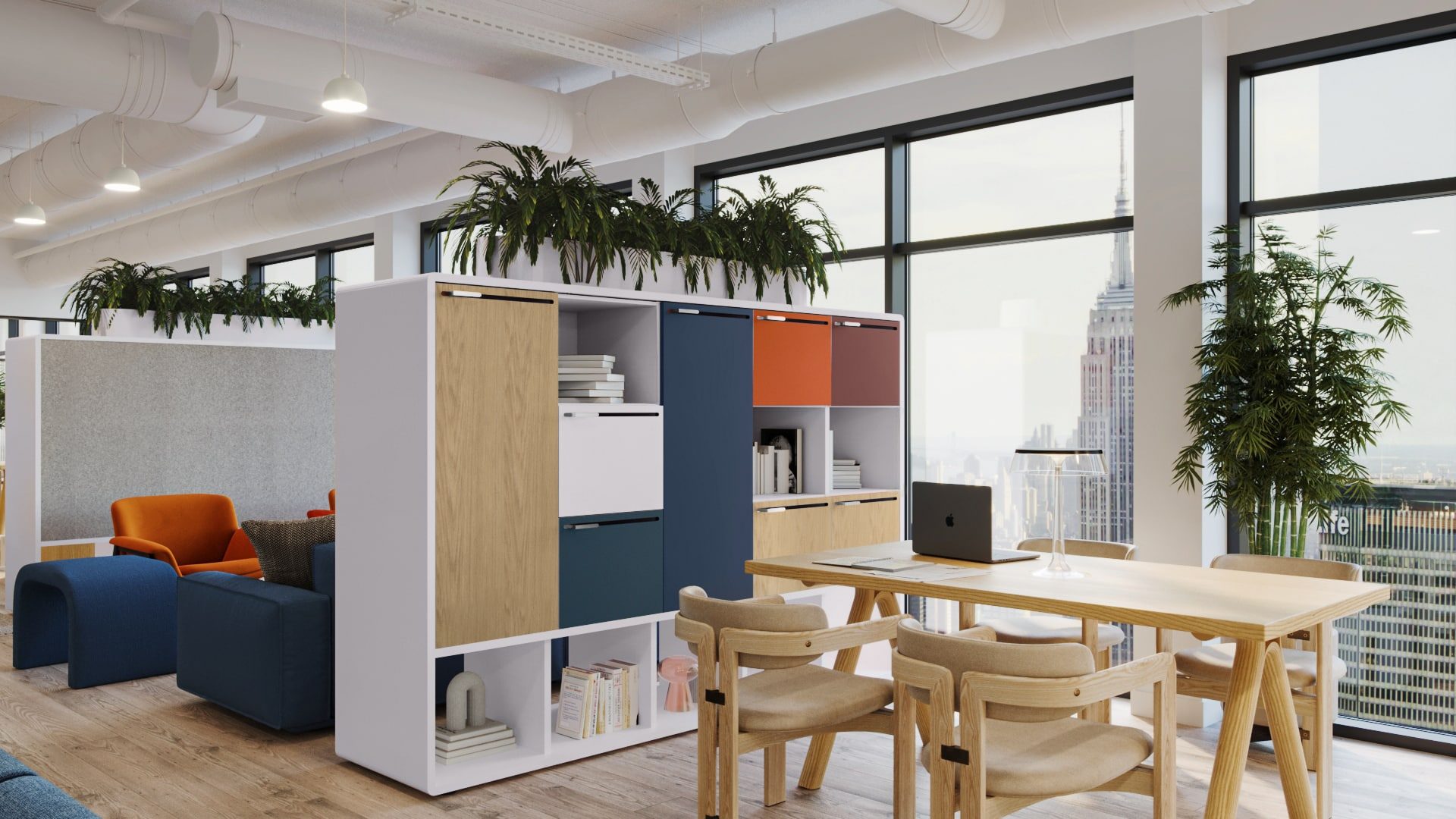 Arraya modular locker storage in white, oak, navy and orange in an NYC office
