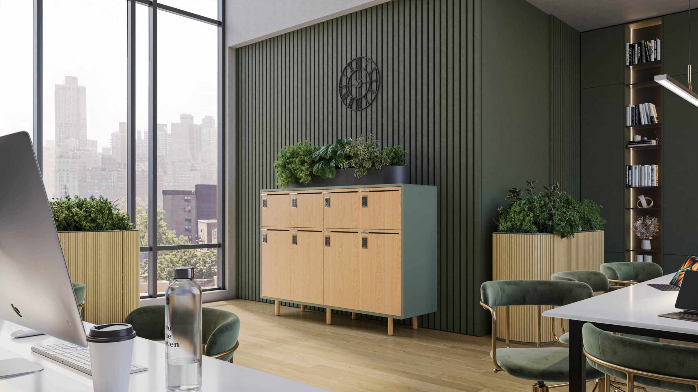 Arraya oak locker island with plant shelf in green-accented office with city view