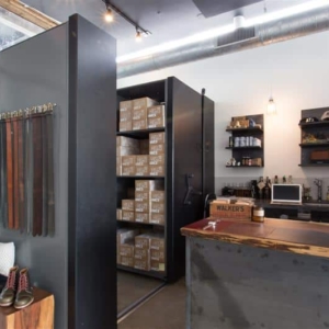 Front-of-House Retail Display Mobile Shelving System at Shoe Store