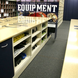 Football Equipment Storage with Counter-Height Worksurface on Mobile Shelving