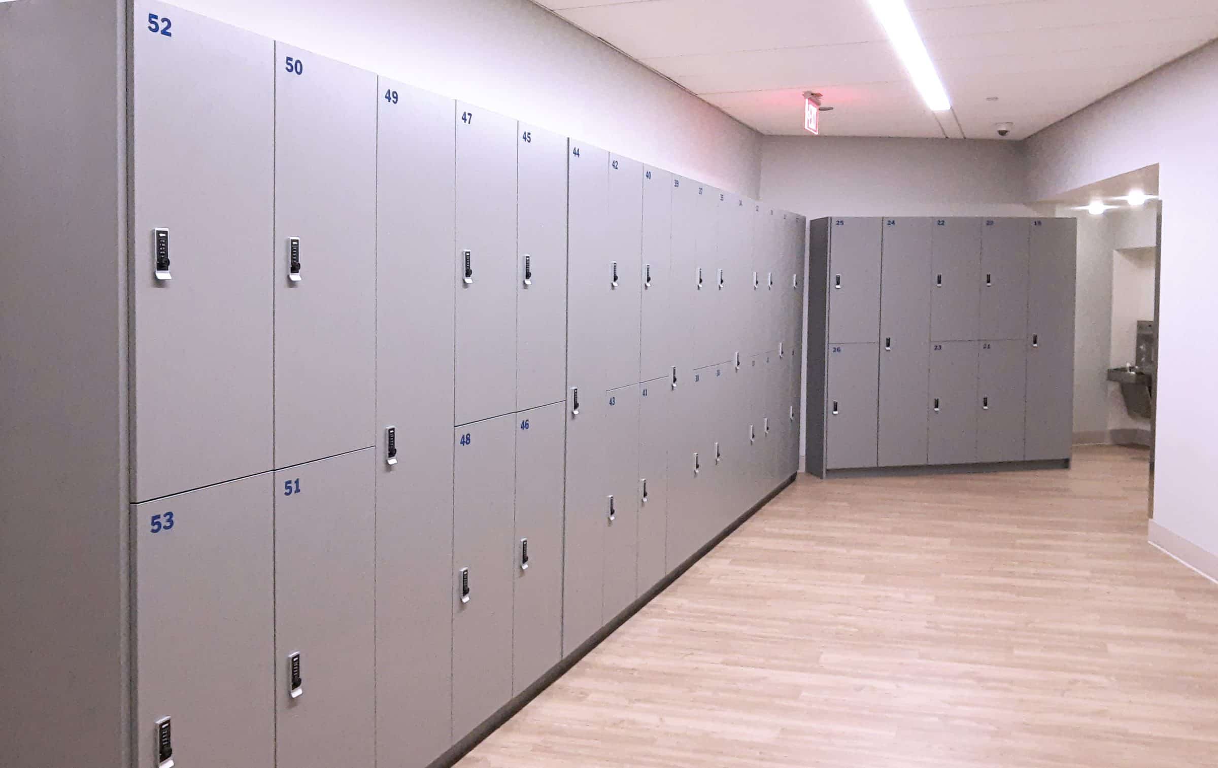 Gray 2-tier university lockers in corridor — Seton Hall University Center