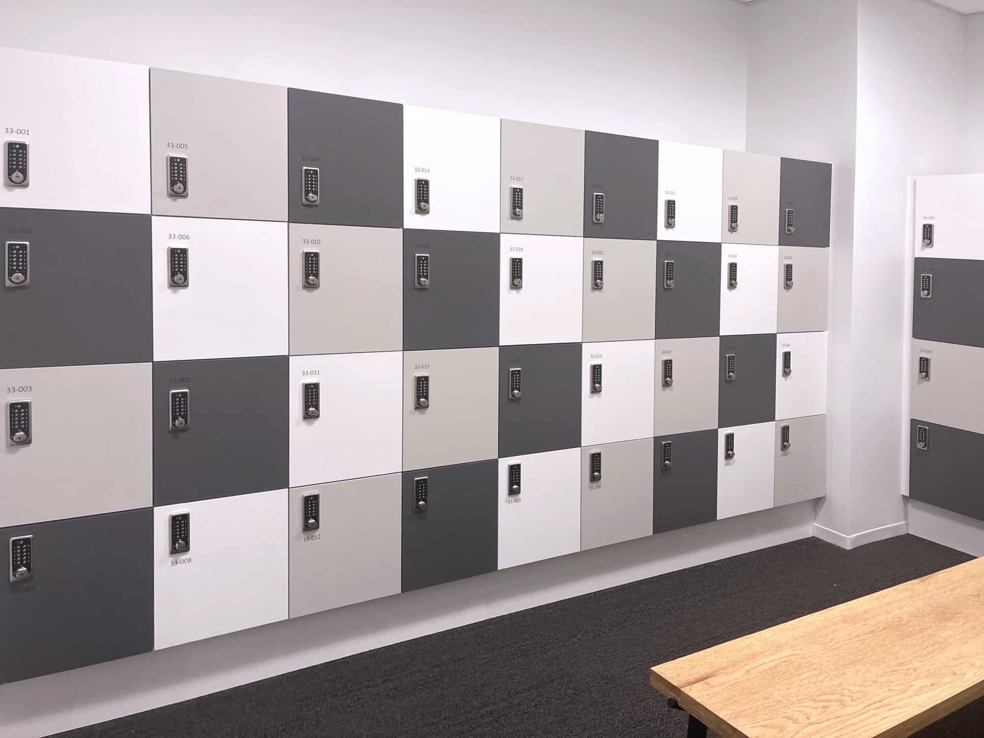 Gray and white alternating fitness lockers — Morgan Stanley NYC