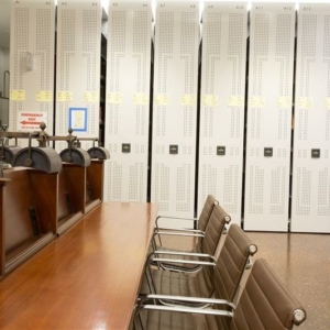 Perforated End-Panel Design on High-Density Library Shelving System