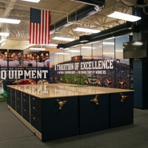 Football Equipment Storage Room at Notre Dame with Custom Designed Mobile Worksurface and Mobile System End Panels