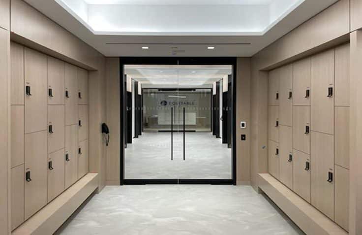 Maple locker bank in lobby corridor — Equitable Building Manhattan
