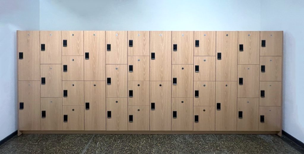 Maple locker wall frontal view in Manhattan office