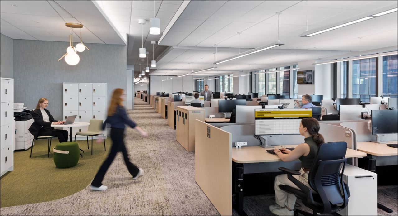 Open-plan office locker banks at BlackRock NYC